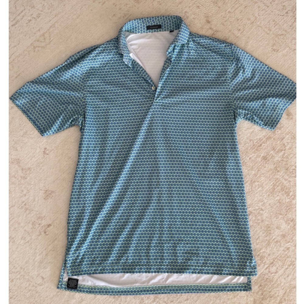 Turtleson Mens Performance Golf Polo Shirt Blue Green Geometric Print Size M